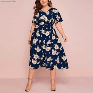 Plus size Dresses Plus Size Dresses Women Boho Beach Flower Print Midi Dress 2022 Spring Summer High Split Casual Dress Plus Size Women's Clothing T231024