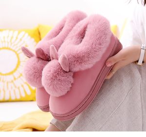 Winter thick bottom bag with indoor home slippers All black grey pink women's long ears single ball warm soft sole cotton slippers size 36-41