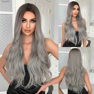 Synthetic Wigs Silver Ash Gray Long Wavy Synthetic Wigs Lolita Cosplay Natural Hair Wigs for Women Party Daily Heat Resistant Middle PartL231024