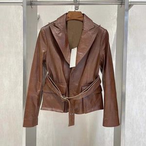 Women's Leather Women Coat Spring And Autumn Short Length 2023 Fashion Turn-Down Collar Oil Wax Sheepskin Clothes With Belt Retro Craft