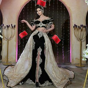 Arabska Tunezja czarna Velevt syrena wieczorowe sukienki z odłączaną spódnicą 3 sztuki krótkie rękawy formalne suknie imprezowe z przodu rozdzielenie seksownej sukienki balowej