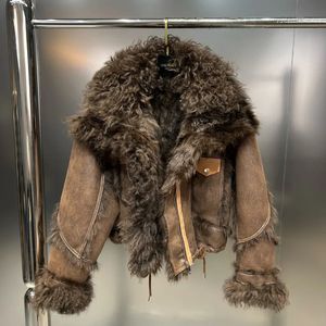 Women s Fur Faux Winter Lambswool Turn Down Collar Velvet Inner Sleeve Furry Leather Integrated Cotton Streetwear PU Parkas Long Tops 231024