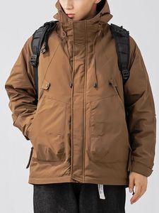 Męskie Parkas Winter Cargo Kurtka Mężczyźni Solidny duży kieszonkowy płaszcz z kapturem Retro Kolor ciepłej na zewnątrz wiatraka 231023