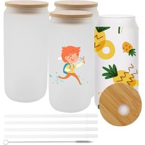 US CA Warehouse 3 days delivery 16oz Sublimation Glass Mugs Cup Blanks With Bamboo Lid Frosted Beer Can Glasses Tumbler Mason Jar Plastic Straw u1102