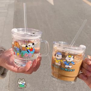 Tumblers 400ml Kawaii Vidro Garrafa de Água Bonito Caneca Tumbler Portátil Leite Bolha Chá Cerveja Suco Copo com Tampa Palha Drinkware Presente 231023