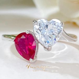 Klaster Pierścienie Vinregem Pear Heart Cut Lab Sapphire Ruby Creży 925 Srebrny pierścień dla kobiet Prezenty zaręczynowe