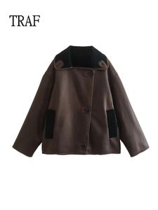 Women's Jackets TRAF Women Jacket Winter Korean Fashion Button Double-Sided Woman Clothing Loose Vintage Loose Female Outwear Chic Tops 231023