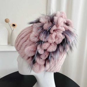 Beanie/Skull Caps 2023 Fur Winter Hat For Women 100% Real Rex Rabbit Fox Fur Hat Rex Rabbit päls Caps Lady Winter Warm Headwear Women's Fur Hatsl231128