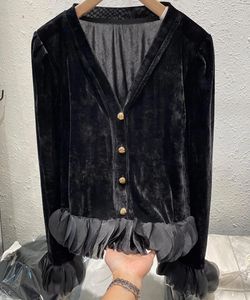 Kadın bluzları Yüksek kaliteli v yaka siyah kadife uzun kollu gömlek kadınlar için sonbahar 2023 fırfırlı patchwork bluz zarif üst Kore Tren