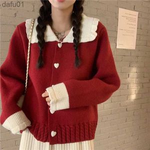 Kadın Sweaters Kalp Düğmeleri Yatak Hırgalarını Dönüşü Kadın Noel Patchwork Uzun Kollu Sweaters Kadın Koreli Örgü Hırka Dişi231024