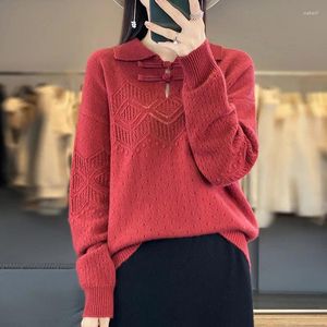 Kadın Sweaters Kadınlar Polo yakalı oyuk Out Tığ işi Toka Örme Süvari Sonbahar Kış Kaşmir Gevşek Tüm Eşleşen Yün Taban