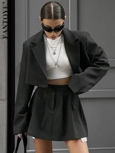 Kvinnors kostymer blazers Fantoye Autumn hackad krage Knapp Kvinnor Blazer Suit grå Lång ärm Blazer Mini Pleated kjol Casual Elegant Streetwear 231024