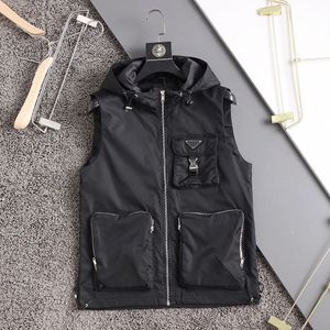 2023 Autumn New Loose Pocket Splicing Leisure Solid Color Cargo Hooded Vest Mens Sleeveless Luxury Vest