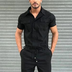 Men's Tracksuits Summer Solid Color Sets Safari Style Turndown Collar Short Sleeved Jumpsuit Zipper Casual Pants