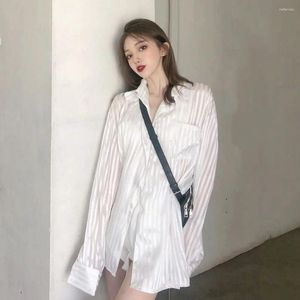 Women's Blouses White French Shirt Long-Sleeved Striped Loose Summer Cardigan All-Match Bright Silk Sunscreen Shirts Thin Top