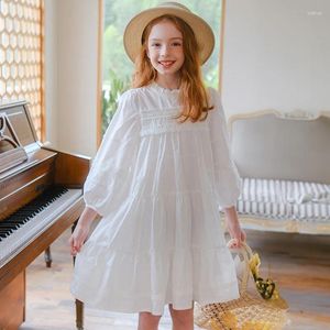 Vestidos de menina outono meninas vestido de renda manga longa casual solto branco princesa para crianças 10 12 13 anos adolescente plissado festa