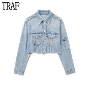 Damenjacken TRAF Abgeschnittene Jeansjacke Damen Blaue Jeansjacken für Damen Langarm-Bomberjacke Damen Streetwear Zerrissene Jacken Mäntel 231023