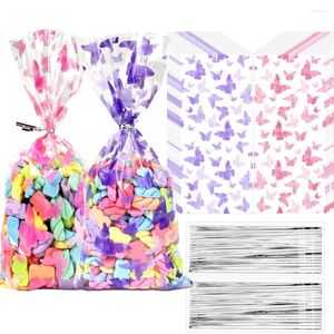 Presentförpackning 100 st fjäril behandla väskor med silverband rosa lila godisflicka födelsedagsfest gynnar dekorestion