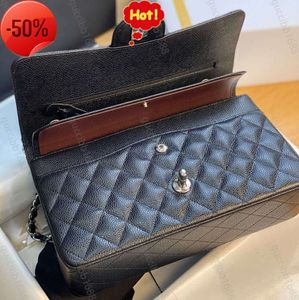 Borsa a doppia patta trapuntata classica di qualità specchio 10A Borsa da 25 cm media di livello superiore Borse in vera pelle di agnello caviale Borse nere Borsa a tracolla con catena Borsa di design 64