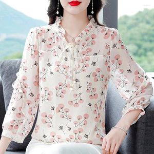 Женские блузки, фрагментированная розовая шифоновая рубашка с длинным рукавом, осень 2023, свободные и тонкие модные универсальные рубашки