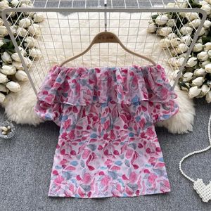 Women's Blouses Chiffon Shirts Vintage Floral Print Elasticity Slash Neck Ruffles Tops Summer Womens Sexy Off Shoulder Puff Sleeve Loose