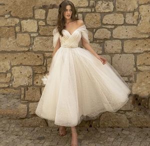 2024 Bling Glittter Boho Wedding Dresses For Women Off Shoulder Sweetheaart Net Tulle Beach Tea Length Bridal Gowns Lace Up Vestidos De Novia