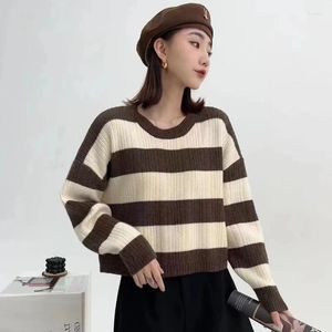 Kobiety swetry pullover jesienne wypoczynek japońskie dzianiny kobiety vintage o szyję szerokie pasek pasek dopasowanie krótkiego swetra z długim rękawem żeńska