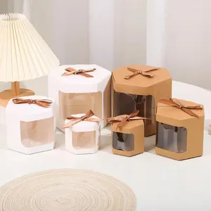 Gift Wrap 10pcs Hexagon Transparent Window Kraft Paper Cookies Candy Packing Box With Ribbon For Wedding Birthday Party Package