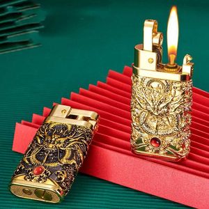 Lighters Vintage Dragon Relief Kerosene Lighter Grinding Wheel One Button Press Automatic Ignition Smoking Accessories Gadgets For Men