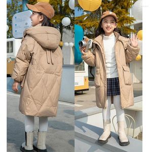 Пуховое пальто в корейском стиле, длинные парки для девочек, зимние плотные повседневные хлопковые теплые куртки с капюшоном, детские детские пальто на молнии черного цвета хаки XMP389