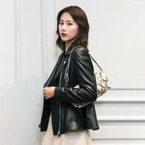 Kvinnors läder 2023Leather Jacket äkta kvinnor koreanska mode fårskinn kappa korta damer jaqueta de