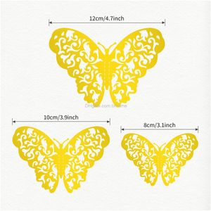 Naklejki ścienne 3D motyl Decor Gold Dekoracja na przyjęcie urodzinowe Zdejmowany pokój pokoju dziecinny ślub 3 Rozmiar 5 Style Drop Deliv Amefn