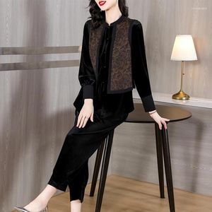 Women's Two Piece Pants 2023 Black Velvet Fashion Chinese Cheongsam Suit Women Loose Top Wide Leg Two-piece Daily Elegant Qipao Set S93