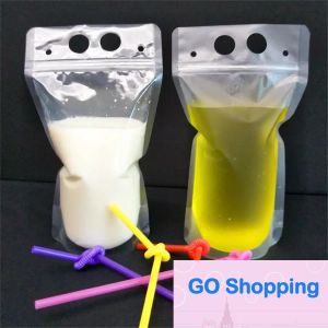 Quality 24h ship Water Bottles Plastic Drink Pouches Bags with Straws Reclosable Zipper Non-Toxic Disposable Drinking Container Party Tableware