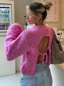 Women s Knits Tee Cut Out Solid Knitted Sweaters Pink Autumn Winter Streetwear O Neck Sexy Knitwear Pullover Lace up Long Sleeve Chic Tops 231023