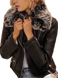 Женская кожаная искусственная кожа Модные женские зимние теплые куртки из искусственной кожи с меховым воротником и поясом Леди Черный Розовый Мотоциклетная байкерская верхняя одежда Пальто 231024