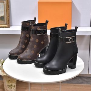 Luxuriöse schwarze Stiefel, Stiefeletten, Designer-Damen, klassische Schuhe, modische Winter-Lederstiefel, dicker Absatz, Damen-Spitze, Box 35–40