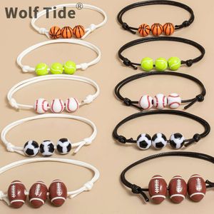 Basketball Football Volleyball Bracelet Adjustable Waterproof Wax Thread Woven Braided Softball Tennis Rugby Charms Beads Bracelets Sports Fan Handmade Jewelry