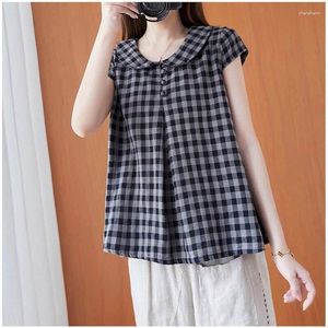 Kvinnors blusar Bomullslinneskjorta för kvinnor Plaid Vintage Kort ärm Loose Casual Korean Style Doll Collar One-Piece Blus Tops