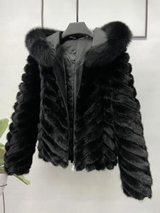 Kvinnors päls faux kvinnor äkta mink jacka blixtlås kort kappa vinter naturlig med huva kvinnor svarta varma kläder 231023