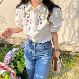 Women's Blouses Aich Mirror Portrait Embroidery Women Shirt Turn-Down Collar Short Sleeve Button Cardigan Vintage Classic Casual Lady Top