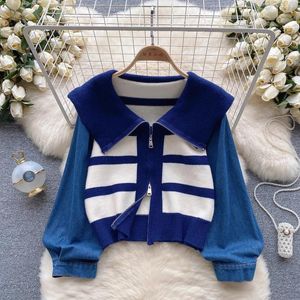 Camicette da donna Coreano Autunno Denim Patchwork Grandi risvolti a righe Camicie lavorate a maglia Manica lunga Cerniera Maglia Cardigan Maglione Corto Bianco Top