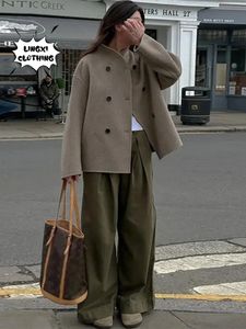 Damen-Wollmischungen, eleganter Kaschmirmantel im Vintage-Stil, Winter-Zweireiher, warme Jacke für die Straße, Revers, lockere Strickjacke 231023