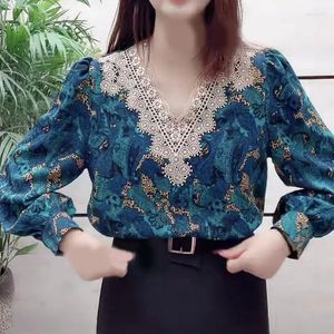 Женские блузки 2023, весна-осень, кружевная лоскутная блузка, винтажная женская одежда с принтом пейсли, повседневная одежда с длинным рукавом, элегантный v-образный вырез