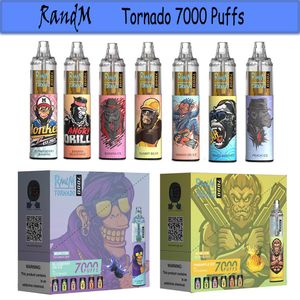 Cigarro eletrônico Original RandM Tornado 7000 Puffs Vape Descartável com 14ML Pré-preenchido Pod Grande Capacidade de Vapor 850mAh Bateria Recarregável 0/2/3/5%