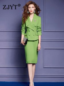 Women's Suits Blazers ZJYT Elegant Turn Down Collar Blazer Skirt Suit 2 Piece for Women Dress Sets Office Party Outfit Autumn Plus Size 4XL Green 231024