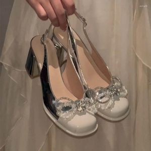 Dress Shoes Silver High Heels Mary Jane Women Rhinestone Bowknot Chunky Heeled Sandals Summer Elegant Wedding Pumps