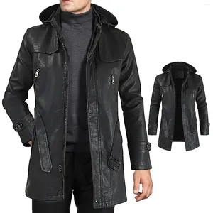 Jaquetas masculinas inverno casual jaqueta de couro com zíper manga longa com capuz trench coat casacos de lã olive light 420