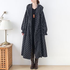 Autumn New Coats Original Design Literary Loose Large Size Vintage Print Ladies Medium Long Hooded Long Coat Bear Trench Coat