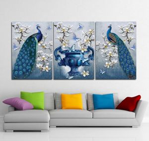 3 sztuki Blue Peacock Anime and White Flower Canvas Print Wall Art Plakat obraz obrazu do dekoracji 4606794